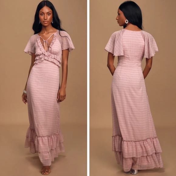 Lulus Dress Sweetest Delight Plaid Ruffle Short Sleeve Maxi Dress Pink Large - Picture 2 of 8